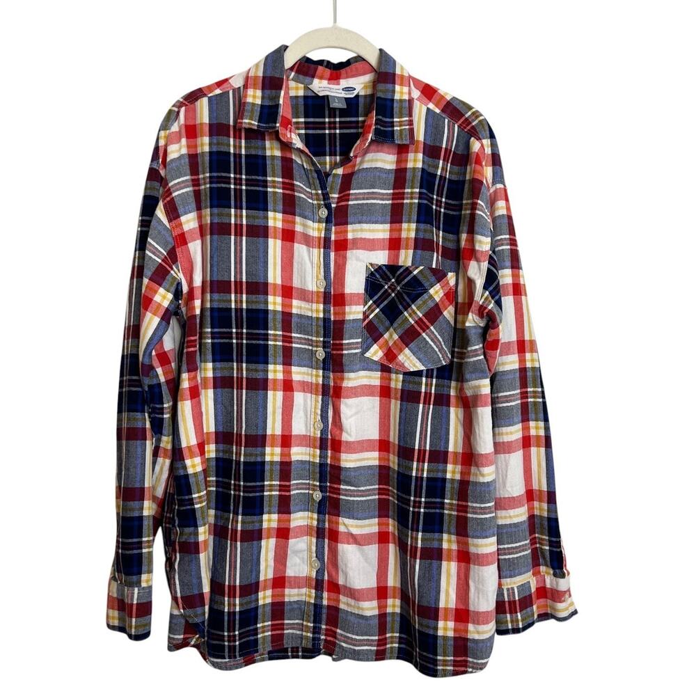 Old Navy Boyfriend Shirt L Multicolor Plaid Button Up Cotton Lightweight Flannel